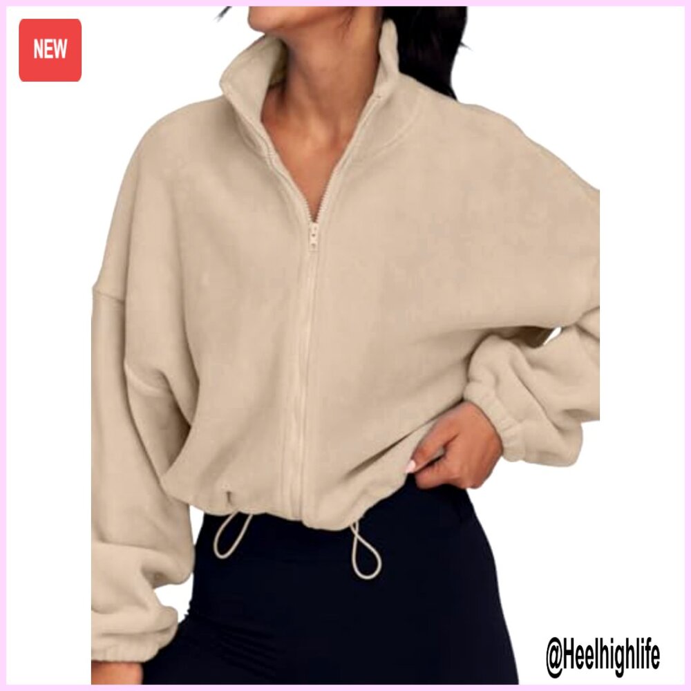 Oversized Fleece Jacket, Full Zip Crop Sweatshirt, Winter Warmth - Picture 2 of 5